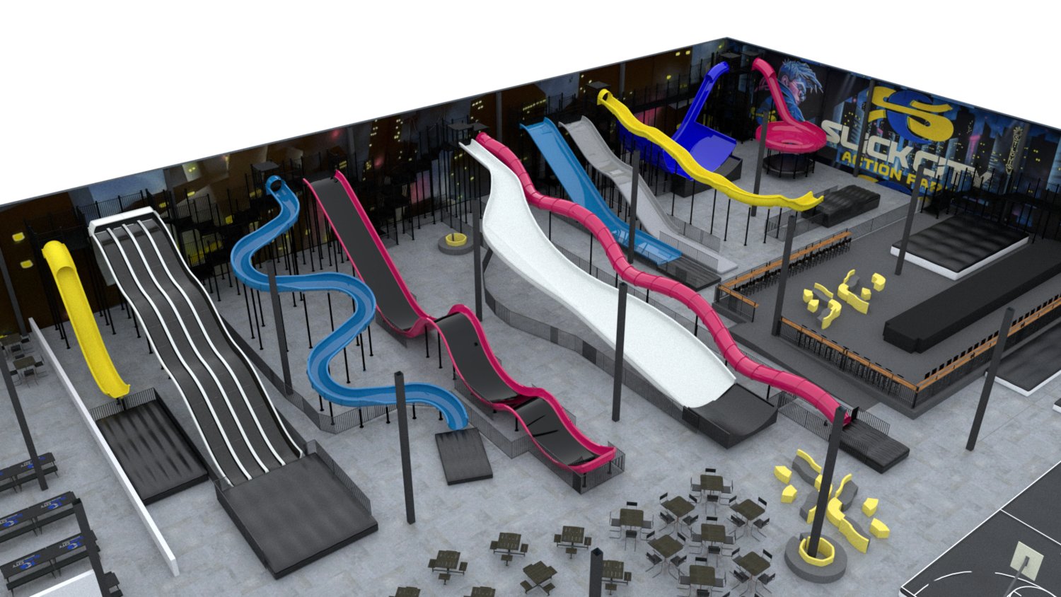 An artist rendition of Slick Park Action Park, touted as the world’s first indoor slide Park and sports court. The slides have no water and the park is designed for patrons of all ages.